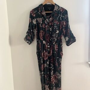 TOPSHOP Floral Jumpsuit Hunter Green Jogger Style Roll Up Sleeve Size 4 Viscose